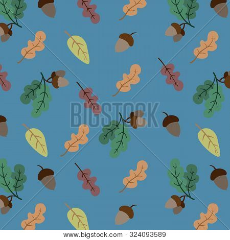 Autumn Oak Leaves And Acorns Background. Seamless Vector Pattern.