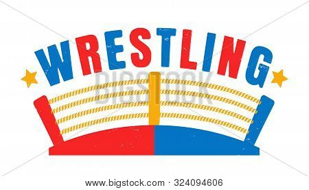 Vector Vintage Logo For A Boxing With Two Gloves And Boxing Ring. Retro Emblem For Boxing. Poster Of