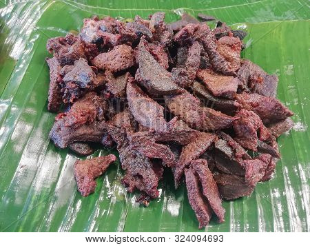 Fried Pork Liver On Banana Leaves Tasty