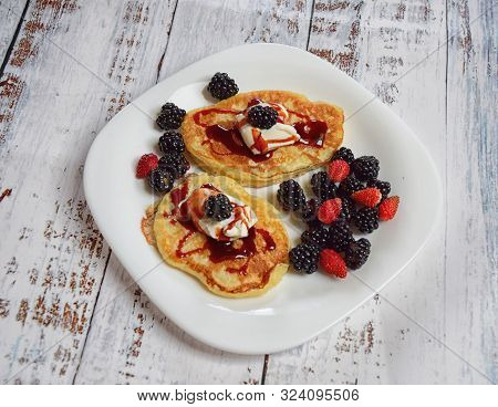 Pancakes With Fresh Blackberries And Raspeberries, Top View, Horizontal