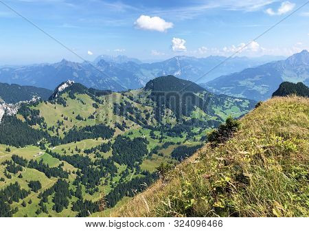 View From The Top Of Tierberg Above The Oberseetal Valley And In The Glarus Alps Mountain Masiff, Na