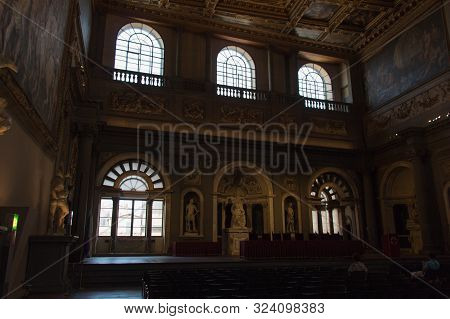 Italy, Florence - May 18 2017: The View Of The Tribune Of The Audience And Balcony Inside Salone Dei