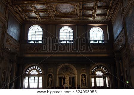 Italy, Florence - May 18 2017: The View Of The Tribune Of The Audience And Balcony Inside Salone Dei