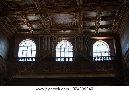 Italy, Florence - May 18 2017: The View Of The Balcony And Ceilings Fragment In The Salone Dei Cinqu