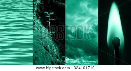 Collage Of Four Photos In Tones Of Biscay Green. The Image Is Characterized By Four Elements - Water