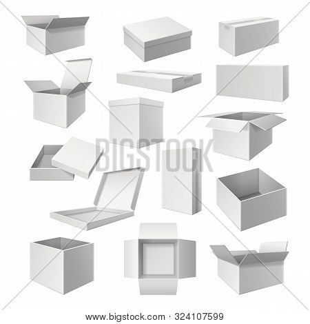 Set Of White Boxes For Cargo Delivery. Realistic Or 3d Pack For Pizza. Container For Food Or Gift. E