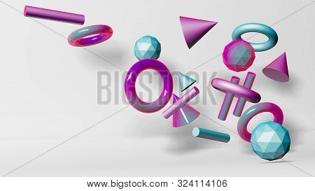3d Illustration With Geometric Shapes. Balls, Cylinders, Cones In Pink, Blue And Purple Tones On A W