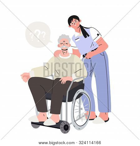 An Elderly Man With Alzheimer Disease And Question Marks In An Invalid Chair With A Nurse Taking Med
