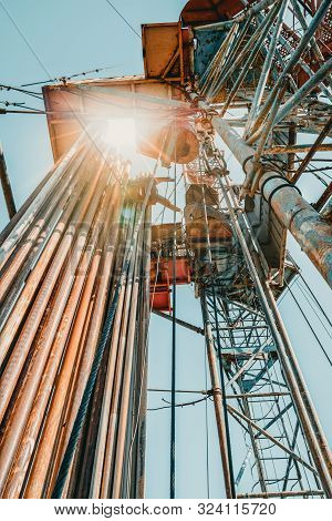 Drilling Rig In Oil Field For Drilled Into Subsurface In Order To Produced Crude, Inside View. Petro