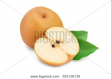 Fresh Asian Pear With Leaf Isolated On White Background