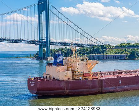 New York, New York - July 7, 2017: The Verrazzano Bridge Is A Suspension Bridge That Connects Staten