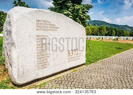 Potocari, Bosnia And Herzegovina - July 31, 2019. Memorial Desk To Victims Of Genocide