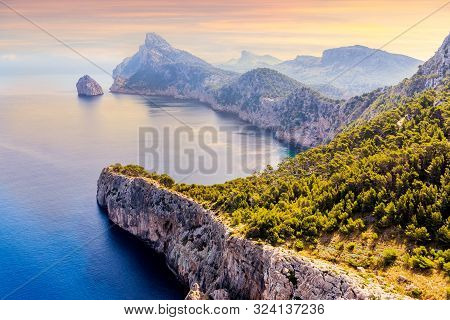 View From The Mirador Es Colomer Towards The Island Colomer And The Mountain Range On Formentor Peni