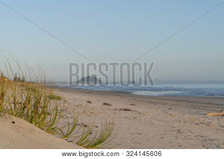 Oceanbeach As Sun Is On Horizon Creating Golden Glow Across Sea To Beach Still In Dark Of Morning.