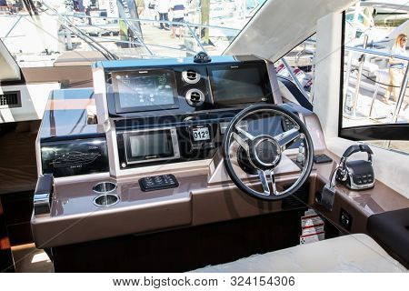 NORWALK, CT, USA - SEPTEMBER 19, 2019: New 2020 Galeon 560 SKY  shoving on Progressive Norwalk Boat Show Day 1 From September 19-22, 2019.