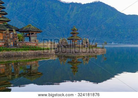 Ulun Danu Bratan Temple And Lake In Bali. It Is One Of The Most Popular Of Tourist Attraction. Indon