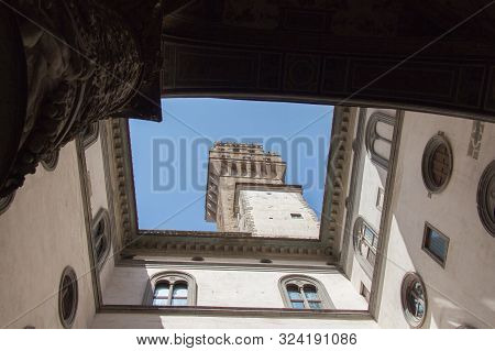 Italy, Florence - May 18 2017: The View Of Arnolfo Tower From Inner Yard At Palazzo Vecchio On May 1