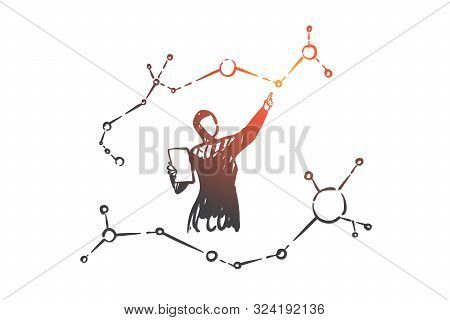 Arab Women Scientists Concept Sketch. Muslim Researcher Analysing Chemical Formula Female Chemist St