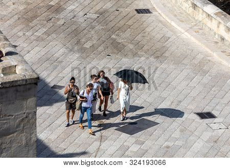 Matera, Italy - September 15, 2019: Bond 25. Lea Seydoux Goes To The Set Of The Scenes  From The Mov