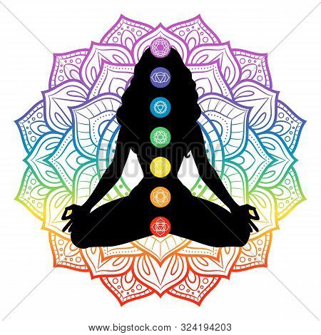 Seven Chakras On Meditating Yogi Woman Silhouette, Vector Illustration