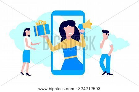 Refer A Friend Flat Style Design Vector Illustration Isolated On White Background. Woman With Megaph