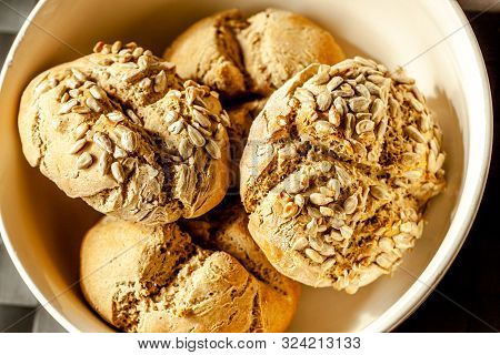 Close Up Of Tasty Sunflower Bread Rolls From Denmark