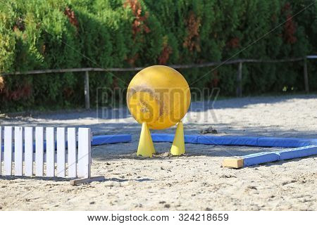 Yellow Colored Physioball On The Sand During  Training For Beginner Riders And Horses At Rural Ridin