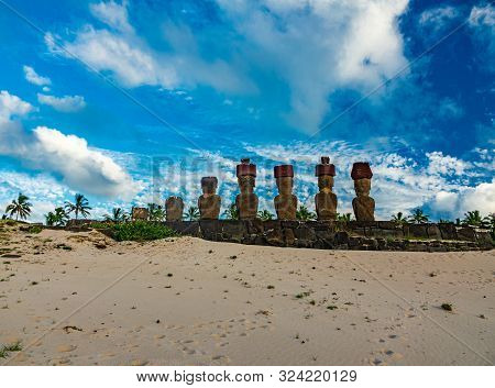 Ahu Nau Nau Rear View In Anakena Beach, Rapa Nui