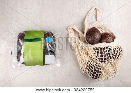 Cotton String Mesh Bag With Avocado Vs Prepacked Avocado, Ecological Zero Waste And Say No To Plasti