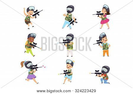 Boys And Girls Paintball Players Set, Little Kids Wearing Masks And Vests Playing Paintball Aiming W