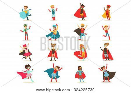 Boys In Superhero Costume Set, Cute Little Super Kids Vector Illustrations On A White Background