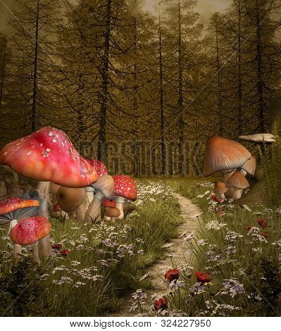 Enchanted Footpath Through The Misty Forest With Big Red Mushrooms - 3d Illustration