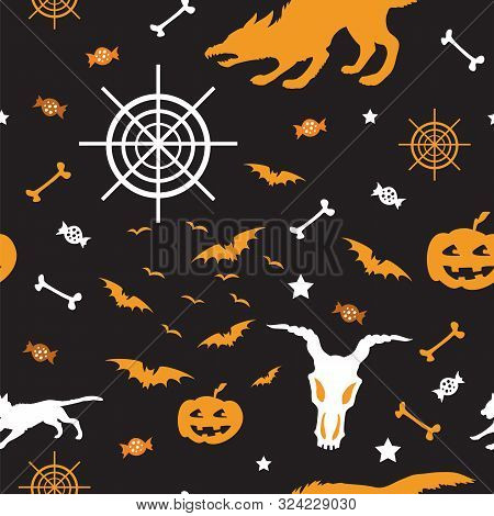 Vector Seamless Pattern With Different Halloween Icons (bat, Skull With Hornes, Web, Werewolf, Candy