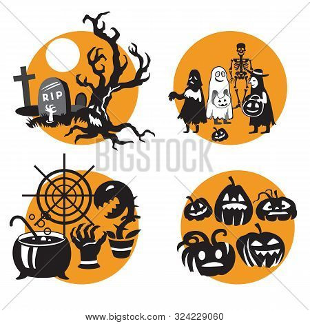 Vector Set For Halloween, Four Small Illustration With Characters Of Halloween (graves With Scary De