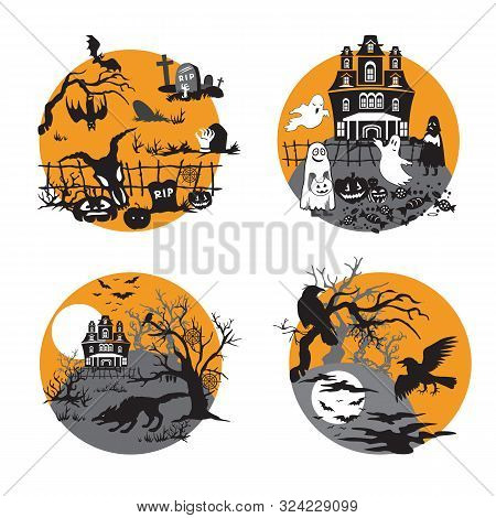 Vector Set For Halloween, Four Small Illustration With Characters Of Halloween (cemetery, Spooky Gho