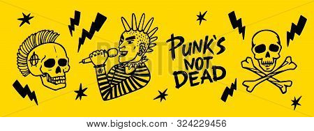 Punk Rock Set. Punks Not Dead Words And Design Elements. Vector Illustration.