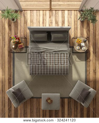 Top View Of A Modern Master Bedroom With Double Bed,footstool,armchairs On Hardwood Floor - 3d Rende
