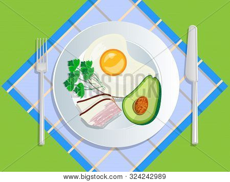 Ketogenic Diet Nutrition. White Plate Full Of Healthy Food: Avocado, Bacon And Scrambled Eggs, Low C