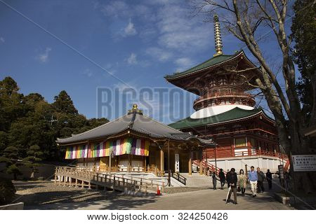 Japanese People And Foreigner Traveler Walking Visit And Praying In Daitou Or Great Pagoda Of Narita