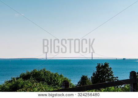 Mackinac Island Mi /usa - July 9th 2016: The Mackinac Bridge From The West Bluffs Of Mackinac Island