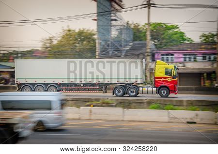 Samut Sakhon, Thailand - March,2018: Motion Image Of Linfox Truck On The Road  Logistics Business In