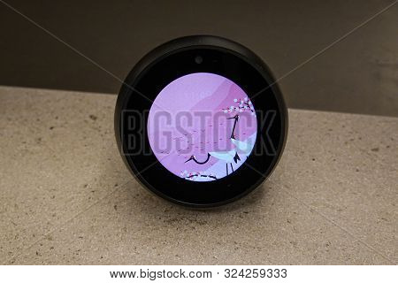 Seattle, Wa/usa-6/15/19: A Amazon Alexa Echo Spot, Known As Alexa, Is A Virtual Assistant Developed 