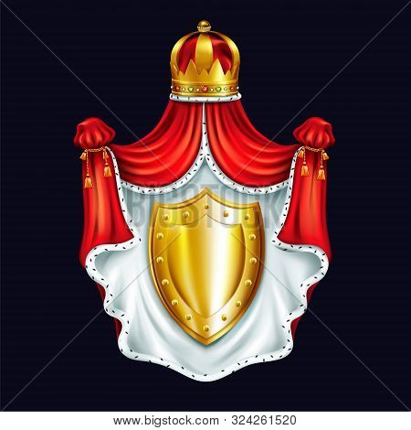 Medieval Coat Of Arms, Heraldic Emblem With Royal Crown, Red Ceremonial Canopy With Ermine Fur And G