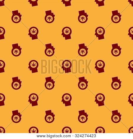 Red Silhouette Of Male Head In Profile With Marijuana Or Cannabis Leaf Icon Isolated Seamless Patter