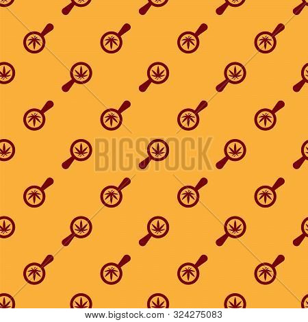 Red Magnifying Glass And Medical Marijuana Or Cannabis Leaf Icon Isolated Seamless Pattern On Brown 