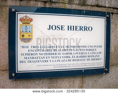 Beautiful Jose Hierro Quote On A Plate In Reguexu Square In Mieres. April 25, 2010. Asturias, Spain,