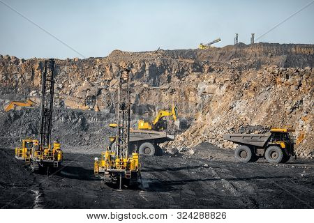 Drilling Machine Borer Installing Cast Explosives Blasting. Open Coal Mine