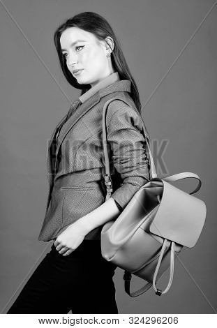 Female Bag Fashion. Business. Shool Girl With Knapsack. Girl Student In Formal Clothes. Student Life