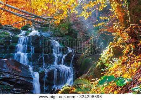Beautiful Autumn Scenery Near The Waterfall Shypot. Popular Destination Of Ukrainian Carpathians. Tr