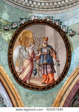 ZAGREB, CROATIA - MARCH 11: Zachariah with angel, fresco on the ceiling of the Saint John the Baptist church in Zagreb, Croatia, on March 11, 2017.